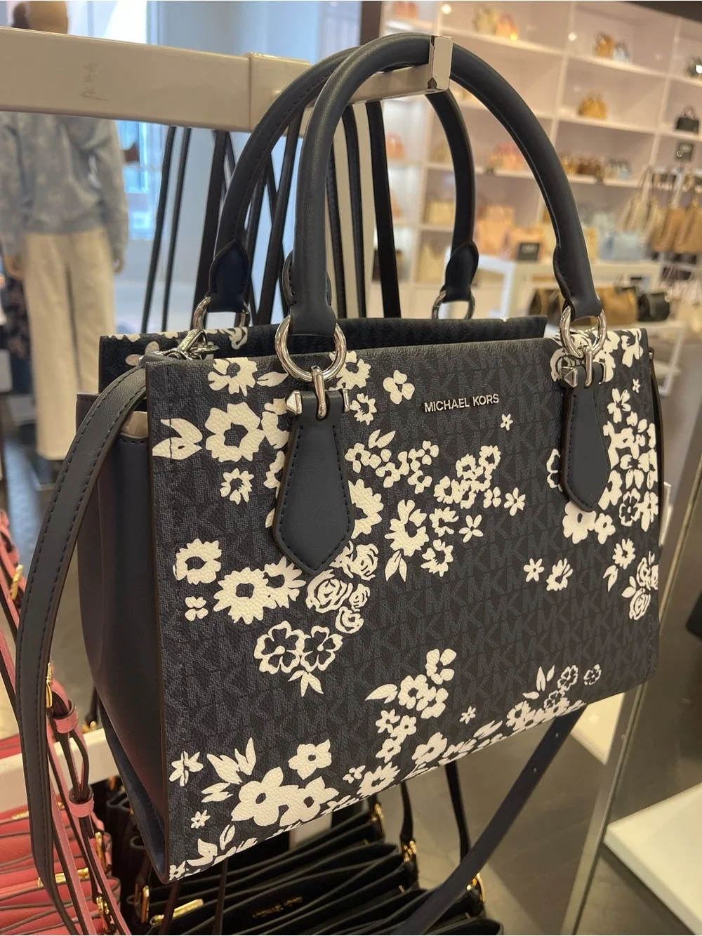 MICHAEL KORS Marilyn Md PrintedSignature Logo Satchel Crossbody  Admiral  NWT